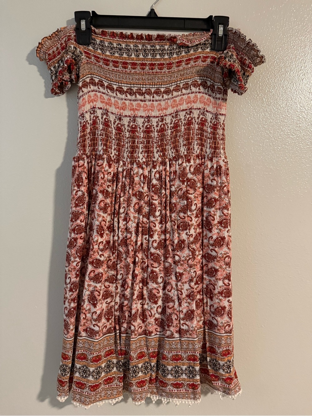Xhilaration Rust and Cream Smocked Boho Top